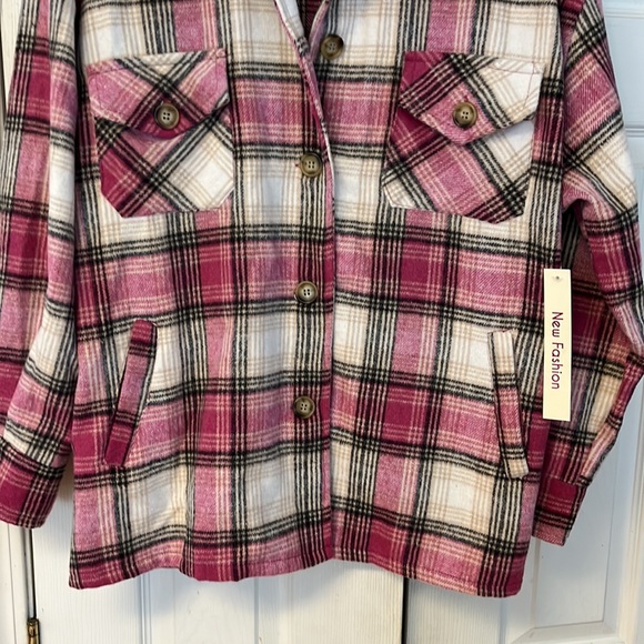 Pink Plaid Button Shacket with Pockets - Picture 3 of 4
